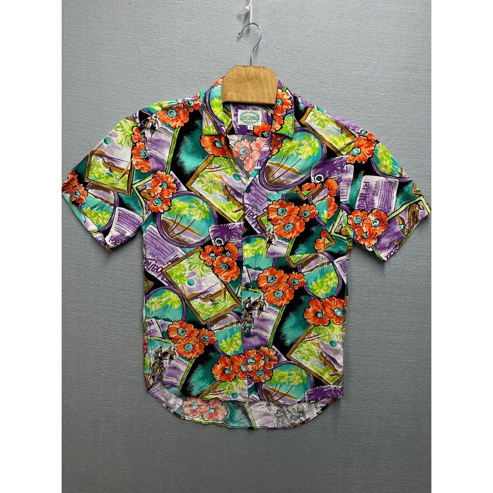 VTG Jams World Surf Line Hawaii Rayon Shirt USA Postcard Surf Aloha S M630RE